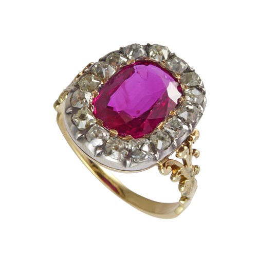 19th century ruby and diamond cluster ring, c.1890, the rectangular cushion cut Burma ruby of 2.99ct,